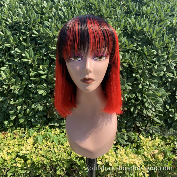 Glueless Peruvian Hair Ombre Color 1b Red Bob Wigs None Lace Pixie Cut Short Bob Curly Wigs Virgin Human Hair Bob Wig with Bangs